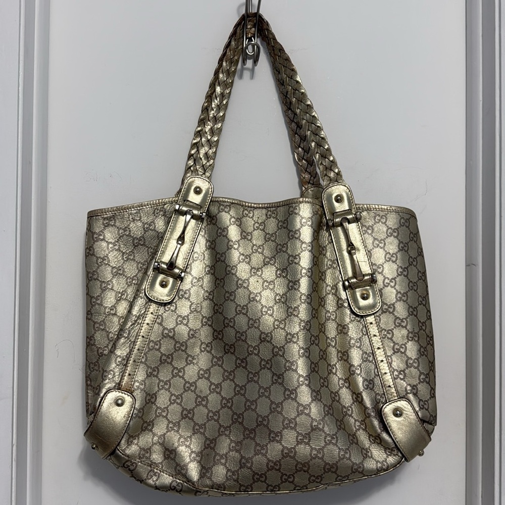 Braided-Handle Gold Large Tote Bag